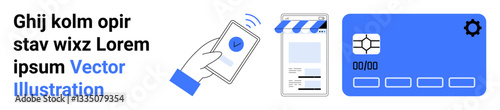 Smartphone tapping to confirm payment, payment receipt on mobile screen, and blue credit card interface. Ideal for finance, e-wallets, online shopping, fintech, security, innovation simple landing