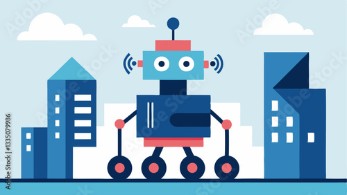 Security Robot A mobile security robot patrolling a buildings perimeter with builtin cameras and AI algorithms detecting motion and identifying authorized personnel using its