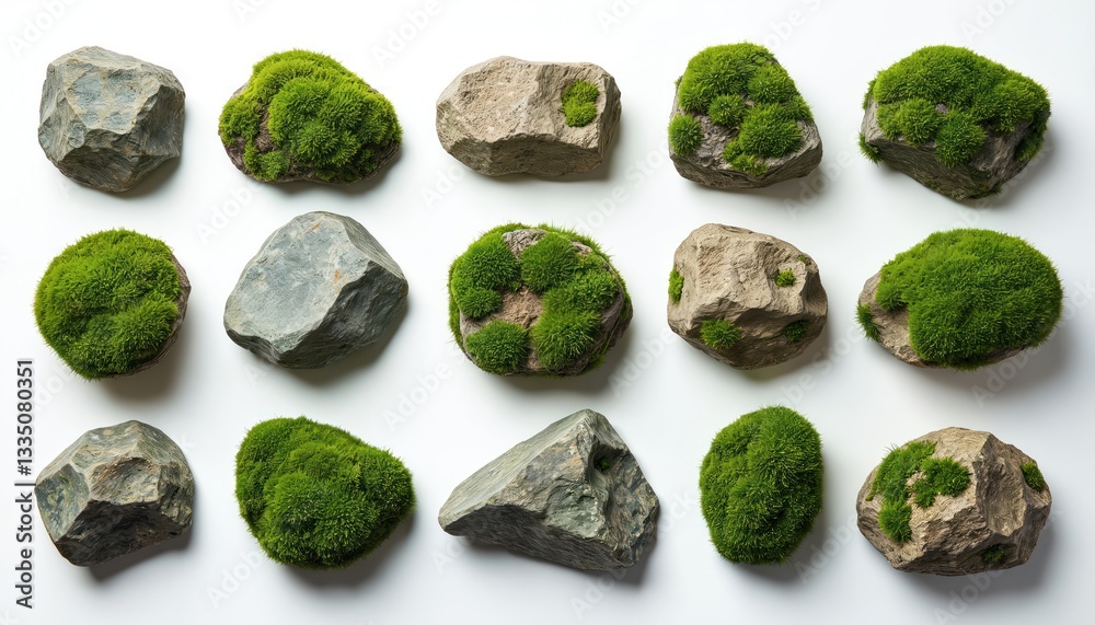 Isolated set of moss covered stones. Collection of rocks with green moss on white background. Perfect design elements for organic, eco, zen, natural or garden concepts. Isolated set of moss covered stones. Collection of rocks with green moss on white background. Perfect design elements for organic, eco, zen, natural or garden concepts.