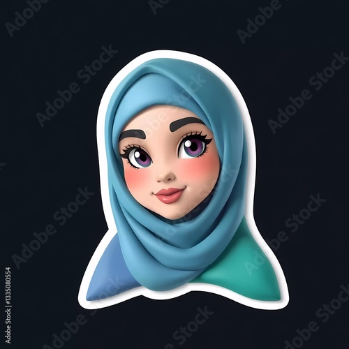Cute hijab girl sticker illustration with soft light and dark background, perfect for decoration