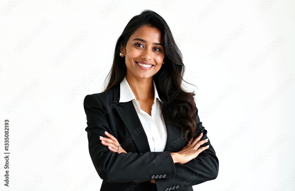 Smiling Indian businesswoman in black suit poses confidently with arms crossed. Pro corporate portrait. Elegant, attractive woman. Determined, smart, powerful manager on white background. Leadership, Smiling Indian businesswoman in black suit poses confidently with arms crossed. Pro corporate portrait. Elegant, attractive woman. Determined, smart, powerful manager on white background. Leadership,