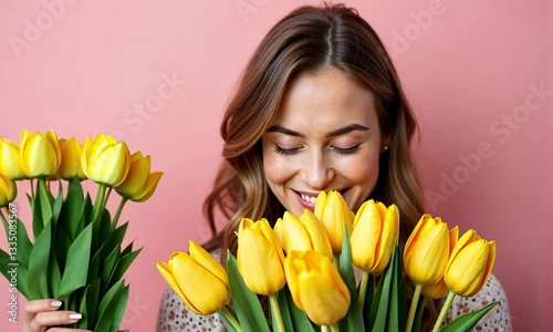 Happy Woman Enjoying the Aroma of Yellow Tulips with Closed Eyes