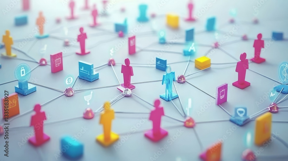 Connections illustrated by stylized human figures linked by lines and data icons Connections illustrated by stylized human figures linked by lines and data icons