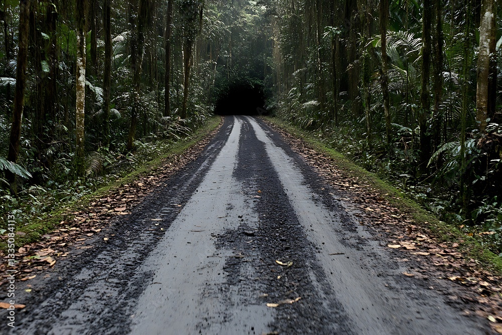 Fototapeta premium A wet paved road leads into a dark forest area