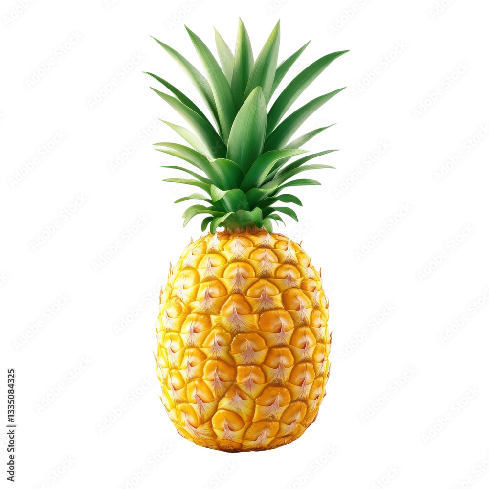Fototapeta premium Ripe yellow pineapple with green leaves isolated transparent background