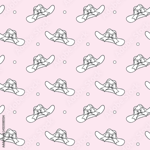 Elegant seamless pattern featuring hand-drawn cowboy hats with bow details in black and white on a soft pink background. Ideal for textiles, wallpapers, and western-themed designs