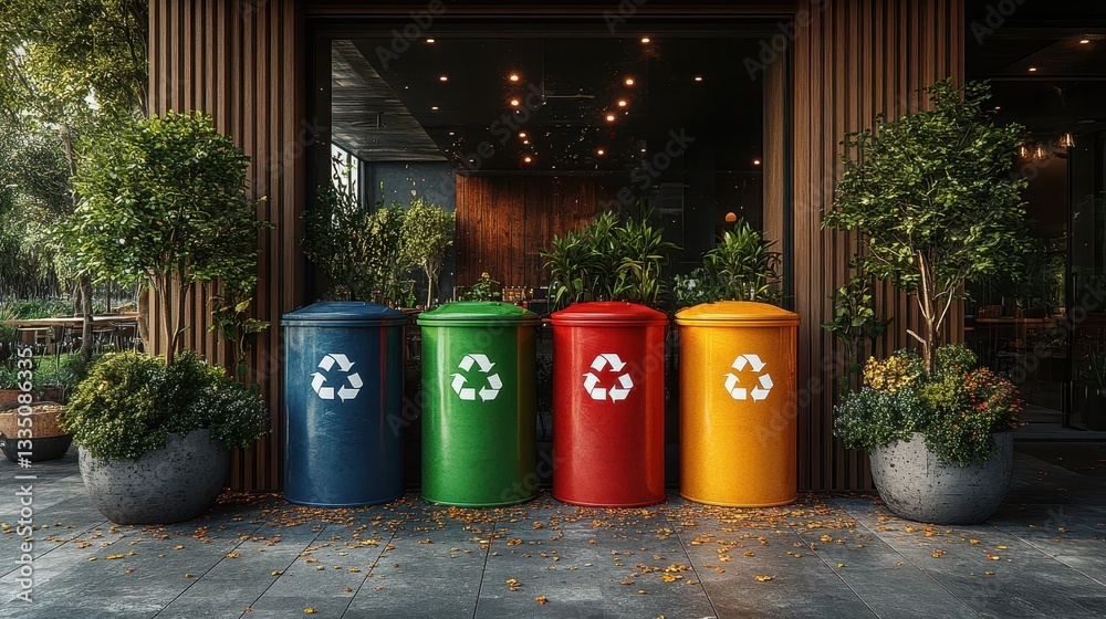 Obraz premium Colorful Recycling Bins in Eco-Friendly Urban Setting