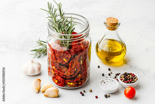 Mediterranean ingredients: sun-dried tomatoes, olive oil, garlic, rosemary, and spices