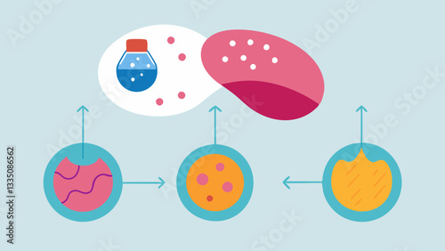 Nutrient Delivery An image of exosomes acting as delivery vehicles carrying nutrients with tiny packages labeled hydration and collagen towards skin cells.