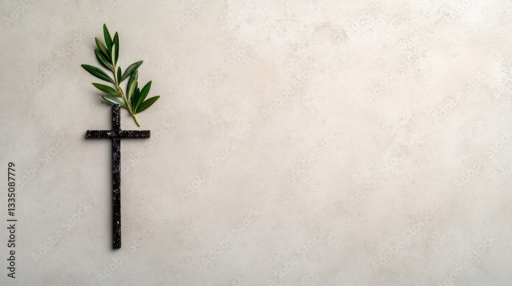 Fototapeta premium Cross ashes and olive branches on concrete background for Ash Wednesday symbolization