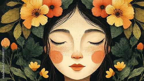 Beltane: Woman with closed eyes surrounded by lush florals, a serene nature connection.
