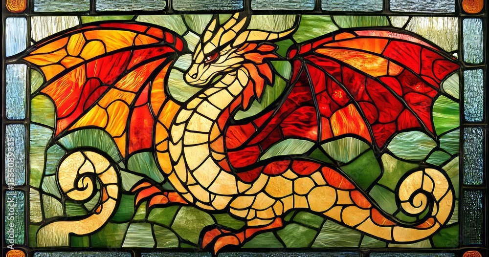 A dynamic stained glass image of a dragon's head emerging from colorful, swirling currents, displaying elaborate designs and rich colors A dynamic stained glass image of a dragon's head emerging from colorful, swirling currents, displaying elaborate designs and rich colors