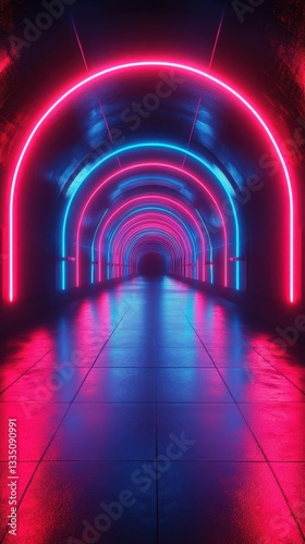 Colorful neon tunnel with vibrant lights creates a striking visual effect in a modern urban setting