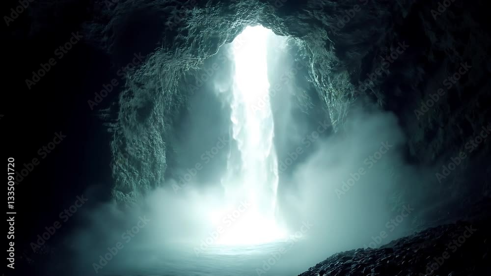 AI generated realistic waterfall streaming inside dark cave, making splash with dense steam
