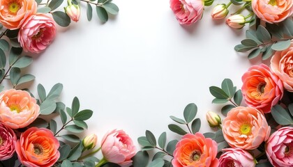 Floral border of pink, orange ranunculus with eucalyptus branches on white background. Springtime theme with scented flowers arrangement, floral garland for greeting cards, elegant decor element,