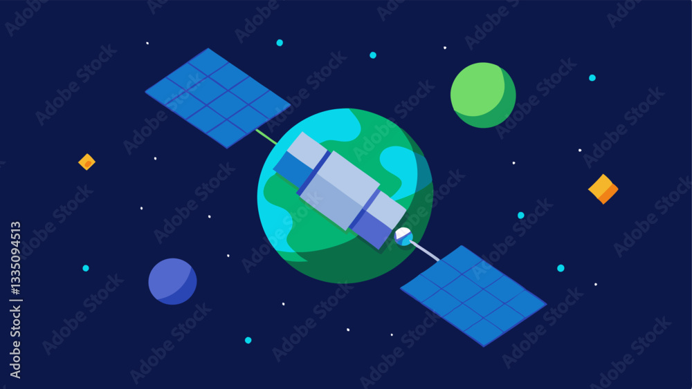 Naklejka premium Satellite in Orbit A detailed satellite with solar arrays and antennas gliding above a blueandgreen planet surrounded by stars in a dark sky.
