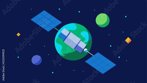 Satellite in Orbit A detailed satellite with solar arrays and antennas gliding above a blueandgreen planet surrounded by stars in a dark sky.
