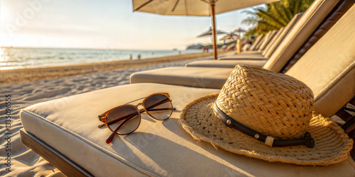 Straw sun hat and sunglasses placed on lounge chair by ocean shore on a sunny day