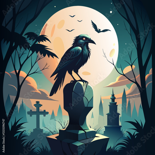 Eerie illustration of a raven on a tombstone with a full moon background