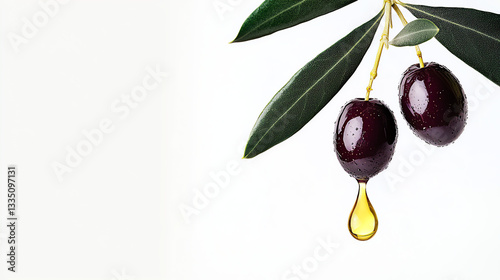 Fresh Purple Olives with Golden Oil Drop on White Background