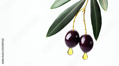 Fresh Purple Olives with Golden Oil Drop on White Background