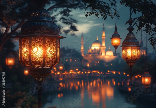 Illuminated lanterns at dusk with serene river and majestic mosque background

