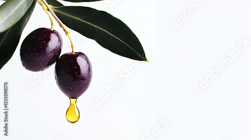 Fresh Purple Olives with Golden Oil Drop on White Background