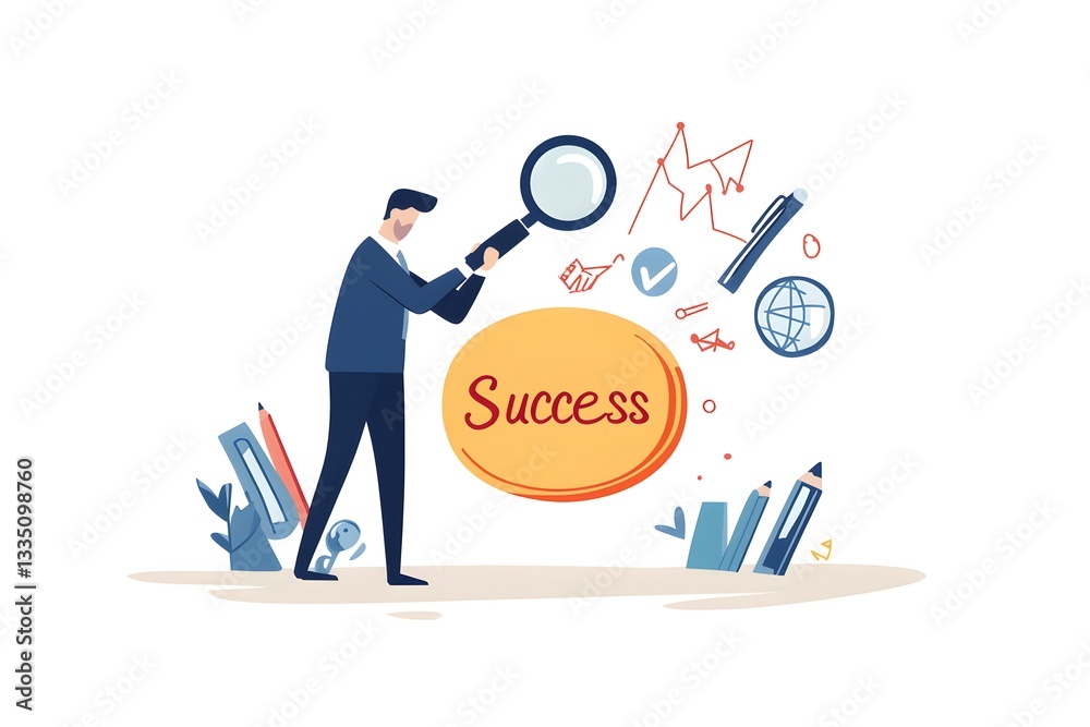 Analyzing Path to Success with Magnifying Glass and Business Elements Analyzing Path to Success with Magnifying Glass and Business Elements