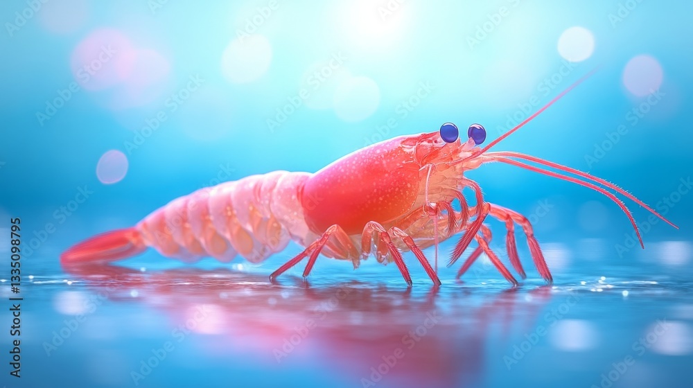 A striking close-up of a shrimp, featuring detailed intricacies and a vibrant, glowing background that gives a surreal underwater impression A striking close-up of a shrimp, featuring detailed intricacies and a vibrant, glowing background that gives a surreal underwater impression