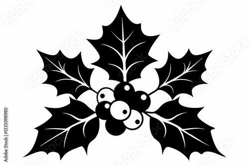 christmas holly with berries line art silhouette vector illustration