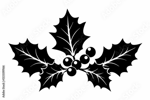 christmas holly with berries line art silhouette vector illustration