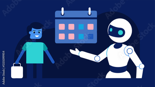 Robot with a Digital Assistant A sleek robot is projecting a holographic calendar in front of a person helping them plan their day effectively.