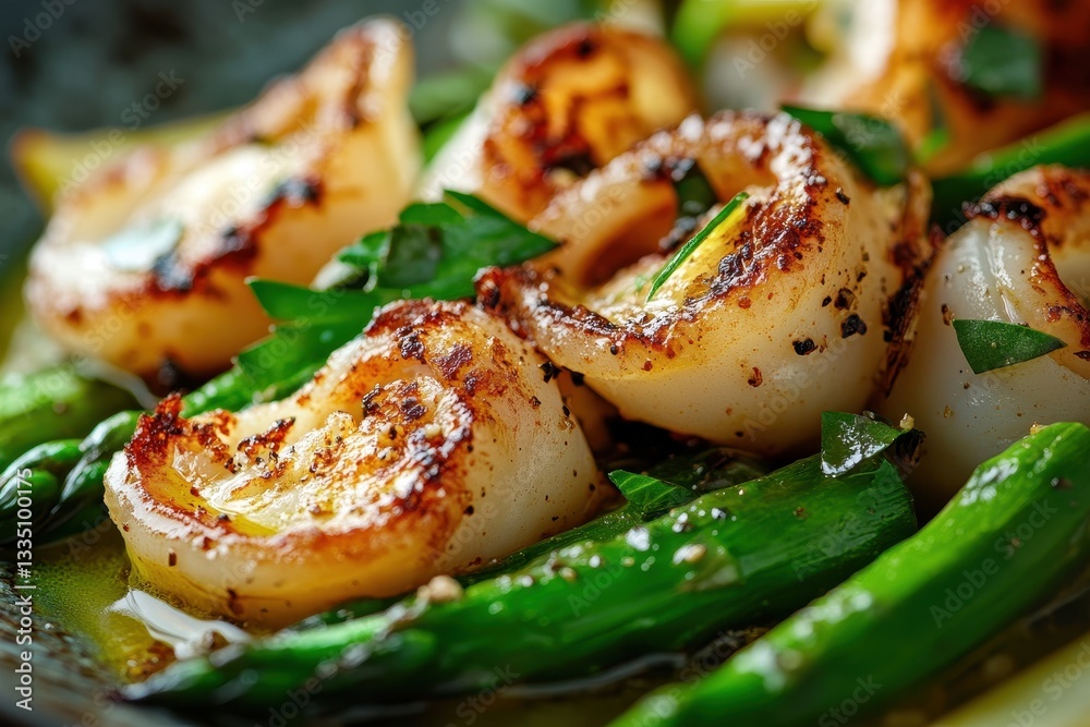 Close up of grilled squid with green asparagus and baby zucchini Close up of grilled squid with green asparagus and baby zucchini