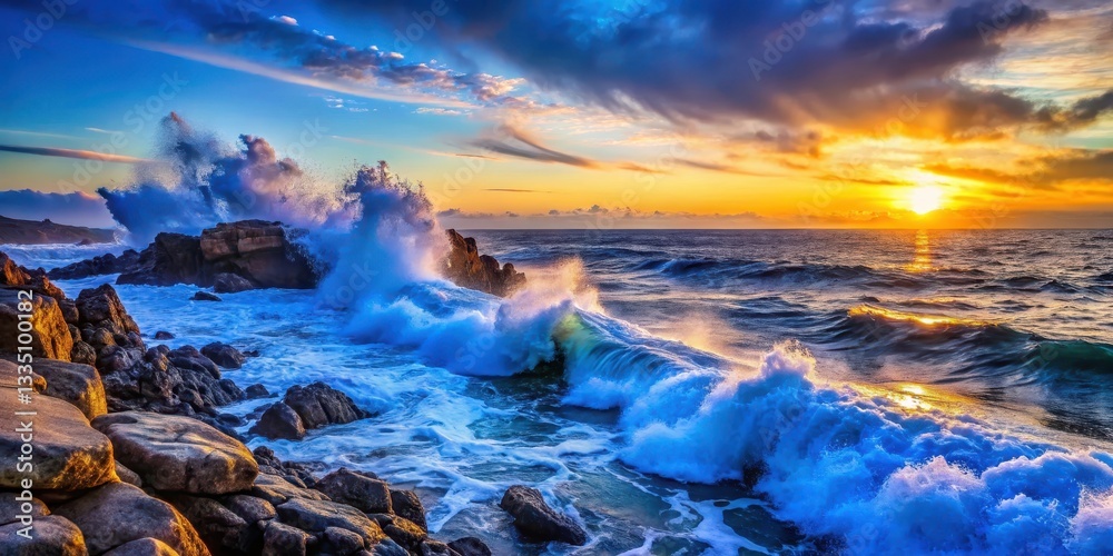Fototapeta premium Deep blue ocean waves crashing against a rocky shoreline at sunset, ocean waves, natural, ocean waves, natural