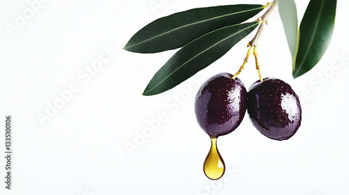 Fresh Purple Olives with Golden Oil Drop on White Background