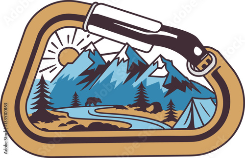 Mountain and carabiner vector illustration, camping on a beautiful mountain vector illustration