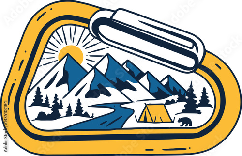 Mountain and carabiner vector illustration, camping on a beautiful mountain vector illustration