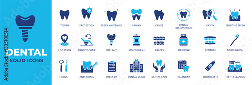 Dental icon set. Dentistry, tooth, toothbrush, implant, braces, teeth whitening, oral care icons. Dentist clinic solid icons collection