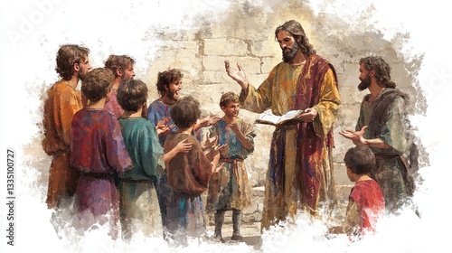 Jesus Preaching in Galilee and Gathering Disciples - Life of Jesus Digital Watercolor Illustration
