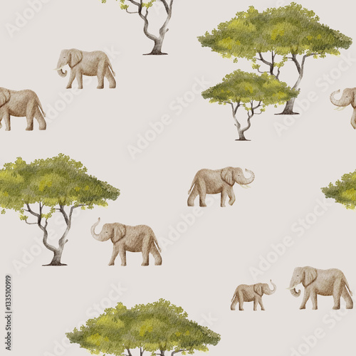 Seamless watercolor pattern with elephants. Print for fabrics, wallpapers