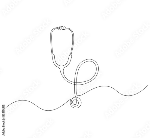 Stethoscope continuous line. Continuous one line drawing of medical stethoscope. Medical tool, laboratory equipment concept. single line drawing