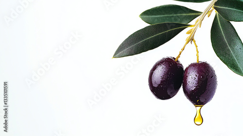 Fresh Purple Olives with Golden Oil Drop on White Background