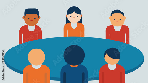Meeting Table A round table where everyone is nodding in agreement except for one person who looks skeptical indicating the pressure to conform in group discussions.
