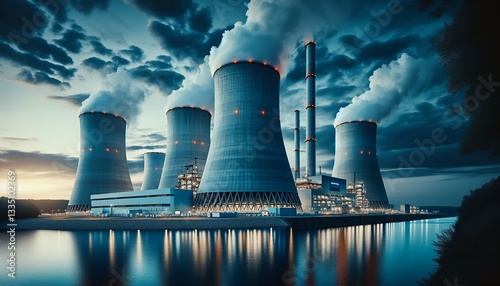 A serene industrial landscape with cooling towers and chimneys spewing steam, beautifully reflected on the water at dusk.
