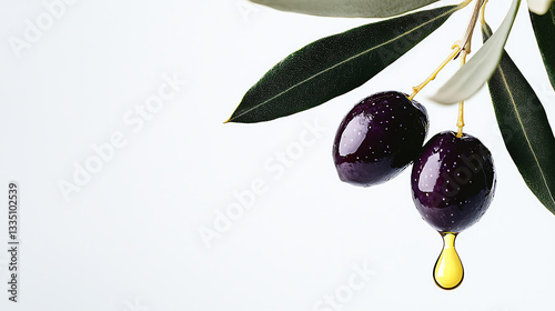 Fresh Purple Olives with Golden Oil Drop on White Background