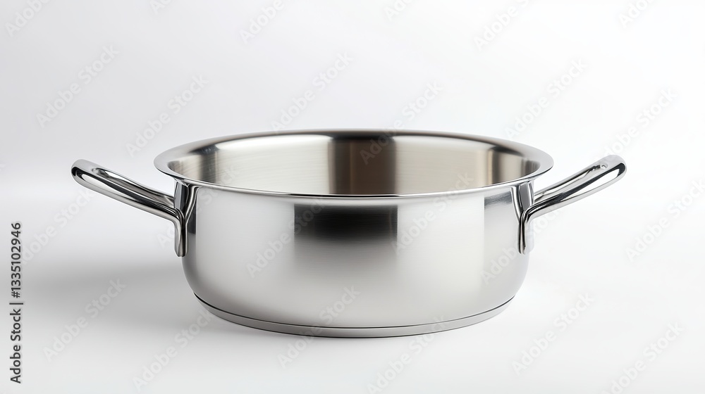 A steel casserole dish set against a white background, isolated. A steel casserole dish set against a white background, isolated.
