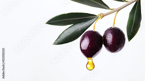 Fresh Purple Olives with Golden Oil Drop on White Background