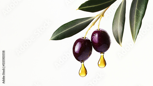 Fresh Purple Olives with Golden Oil Drop on White Background
