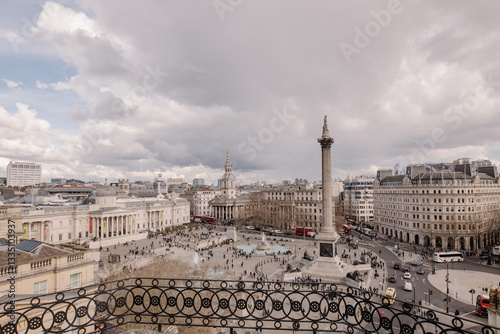 London, United Kingdom. 14.03.25 Aerial view of Trafalgar Square and Nelson's Column on a cloudy day.