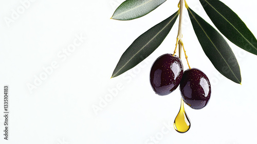 Fresh Purple Olives with Golden Oil Drop on White Background